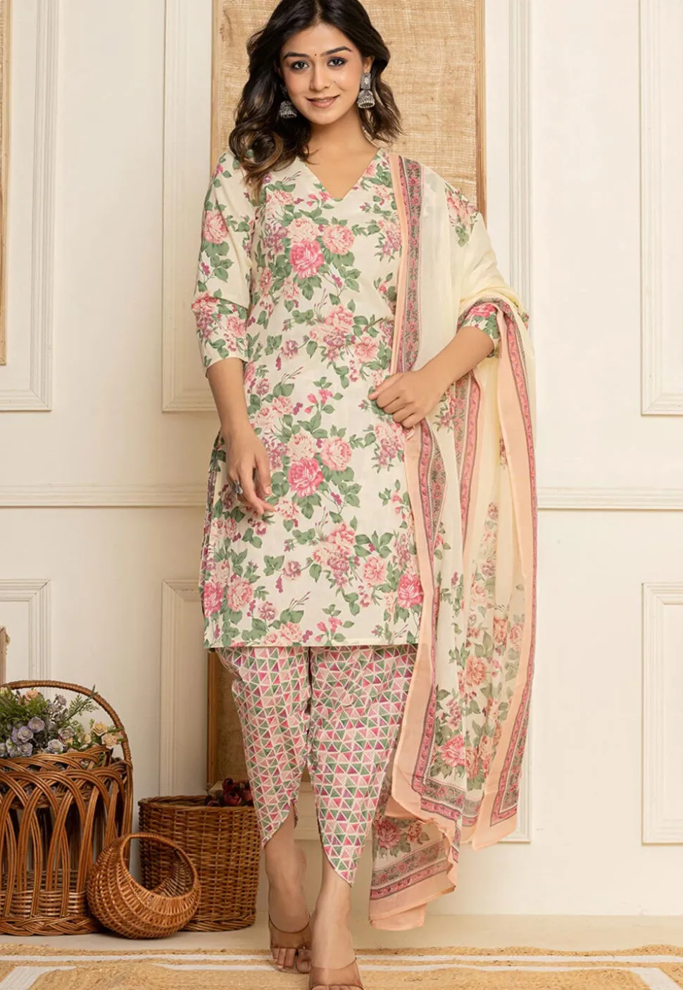 Digital Printed Pure Cotton Punjabi Suit in Cream