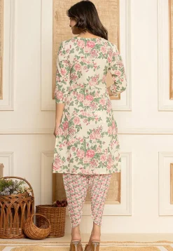 Digital Printed Pure Cotton Punjabi Suit in Cream