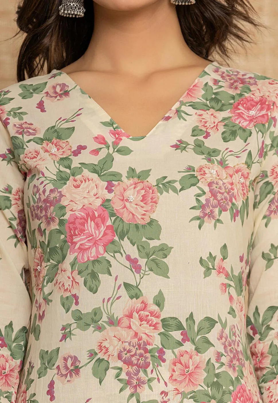 Digital Printed Pure Cotton Punjabi Suit in Cream