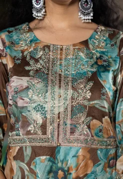Digital Printed Pure Cotton Punjabi Suit in Dark Brown