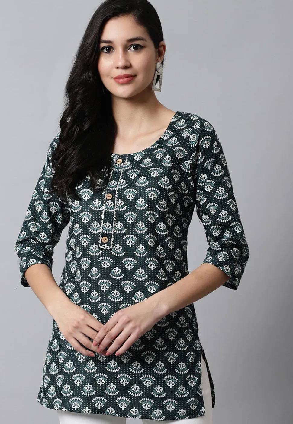 Digital Printed Pure Cotton Short Kurti in Dark Green