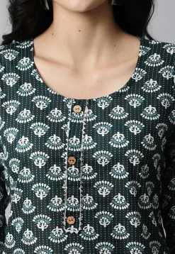Digital Printed Pure Cotton Short Kurti in Dark Green