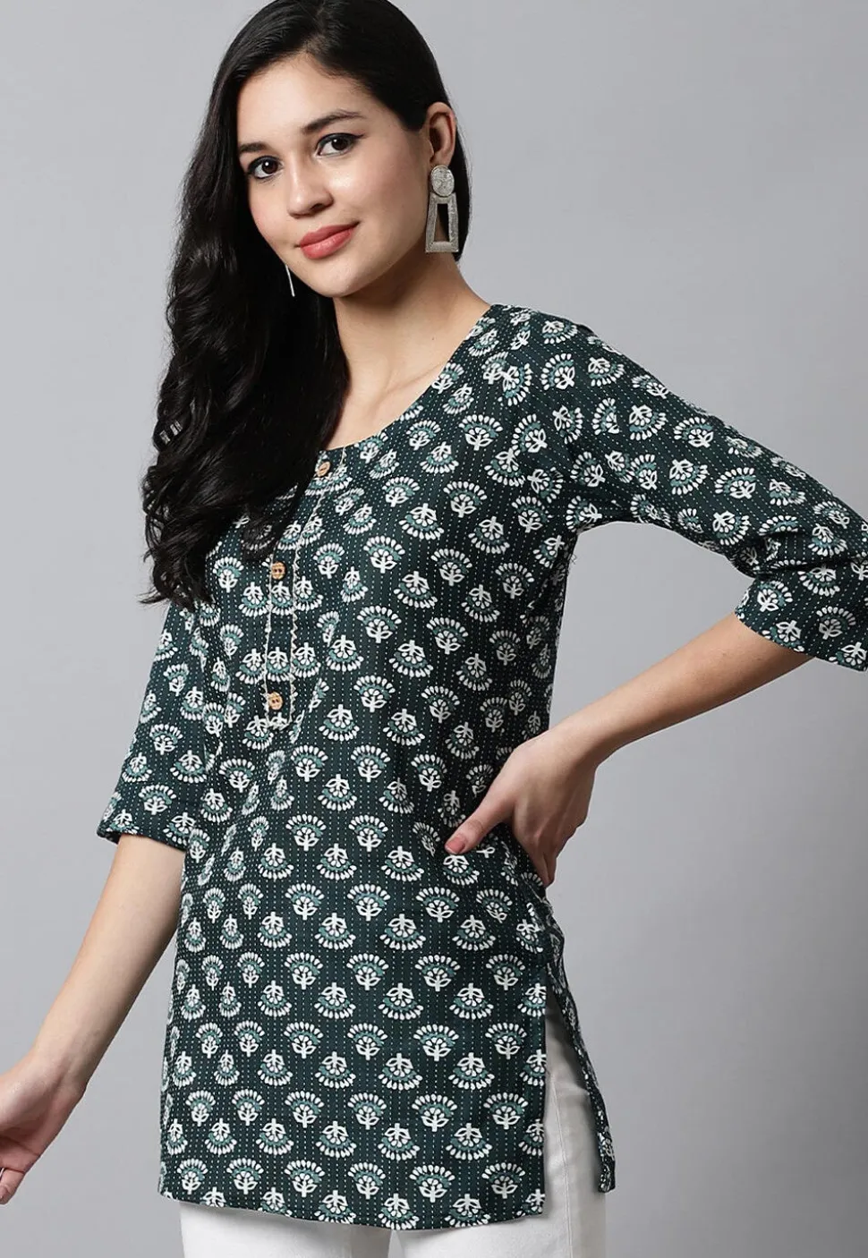 Digital Printed Pure Cotton Short Kurti in Dark Green