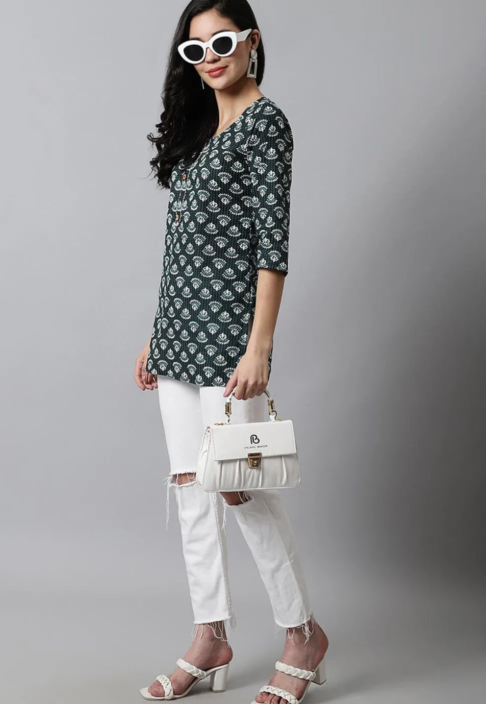 Digital Printed Pure Cotton Short Kurti in Dark Green