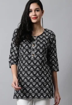 Digital Printed Pure Cotton Short Kurti in Black