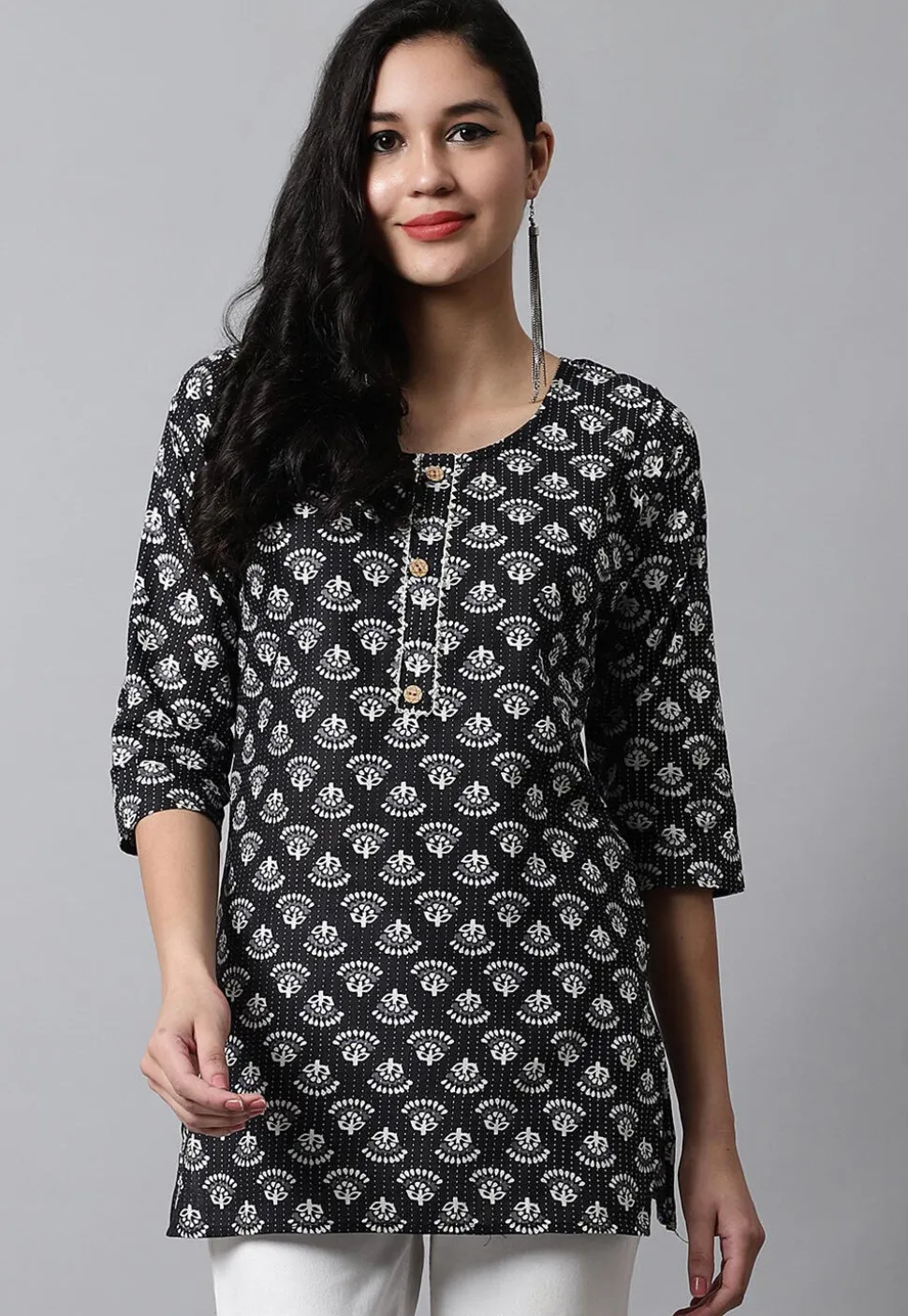 Digital Printed Pure Cotton Short Kurti in Black