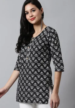 Digital Printed Pure Cotton Short Kurti in Black