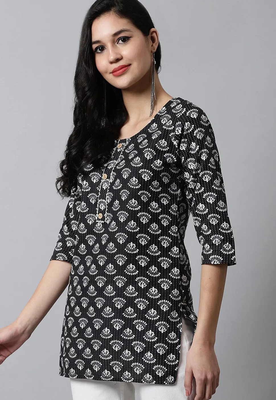 Digital Printed Pure Cotton Short Kurti in Black