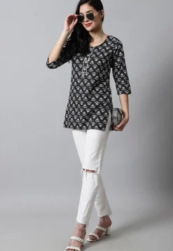 Digital Printed Pure Cotton Short Kurti in Black