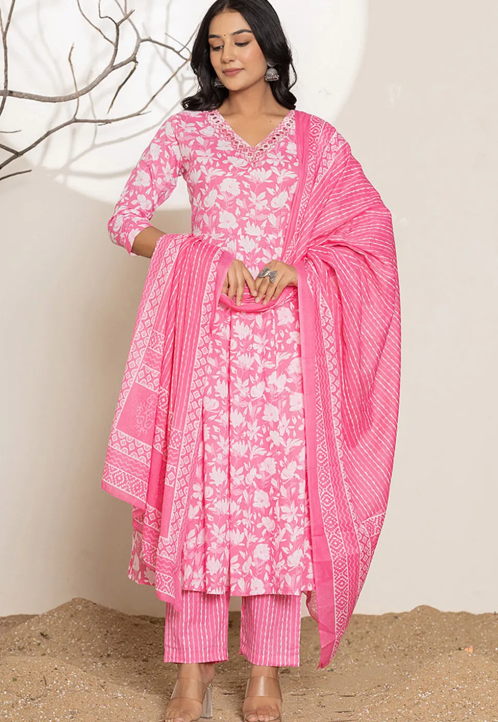 Digital Printed Pure Cotton A Line Suit in Pink
