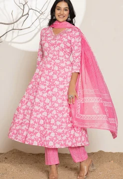 Digital Printed Pure Cotton A Line Suit in Pink