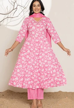 Digital Printed Pure Cotton A Line Suit in Pink