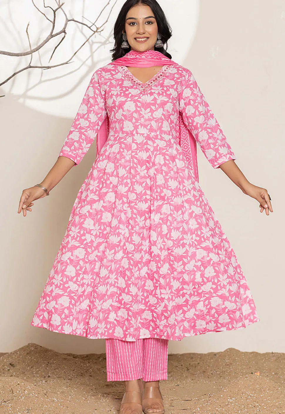Digital Printed Pure Cotton A Line Suit in Pink