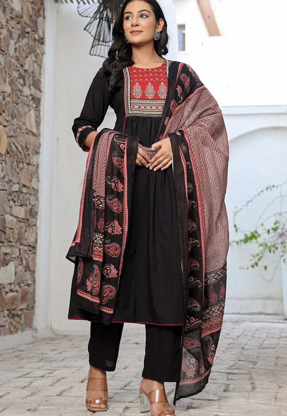 Digital Printed Pure Cotton A Line Suit in Black