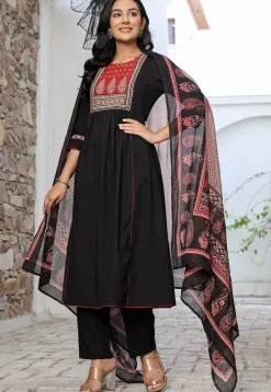 Digital Printed Pure Cotton A Line Suit in Black