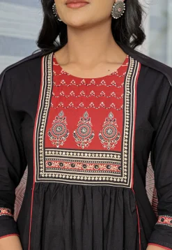 Digital Printed Pure Cotton A Line Suit in Black