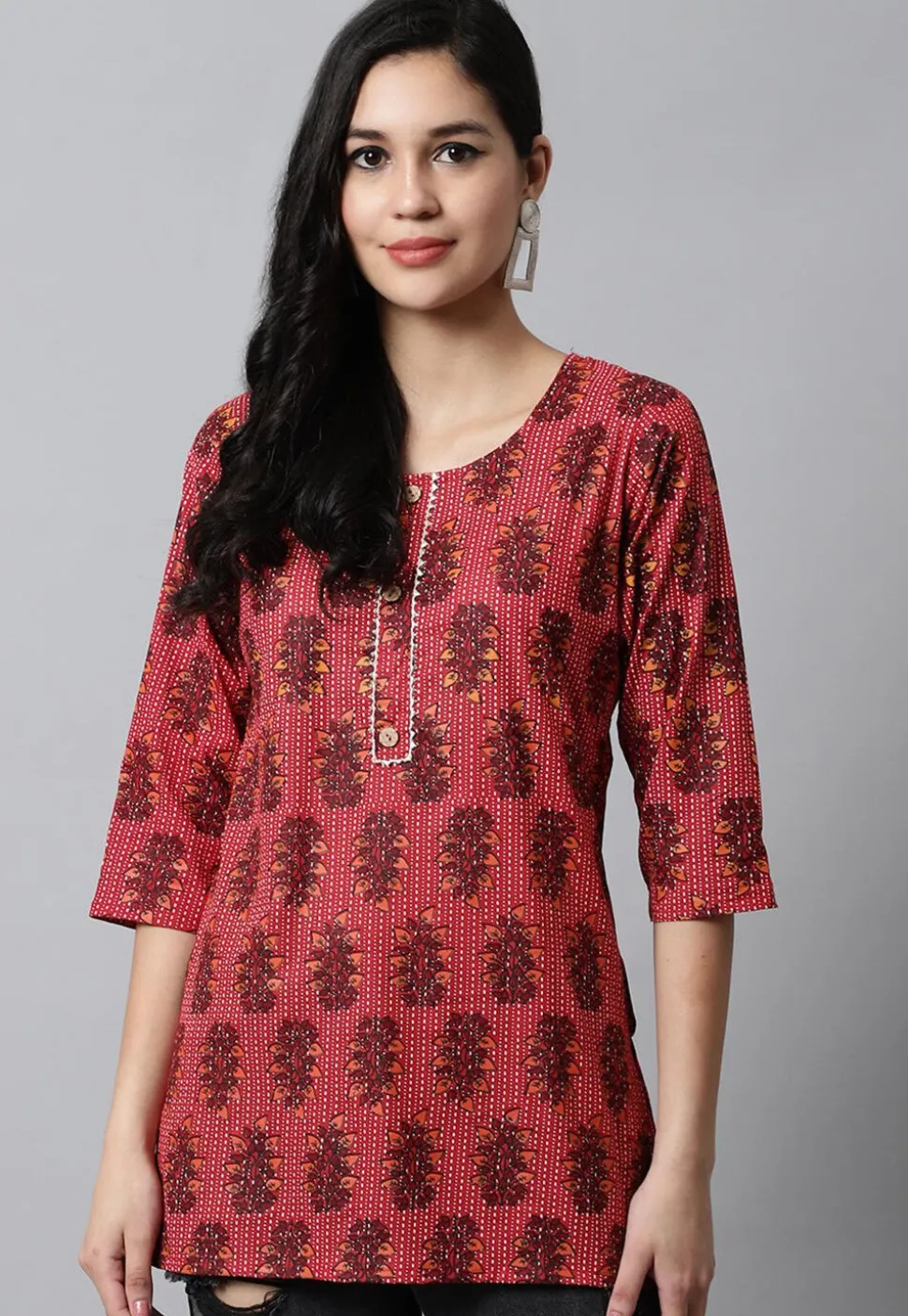 Digital Printed Pure Cotton Short Kurti in Red
