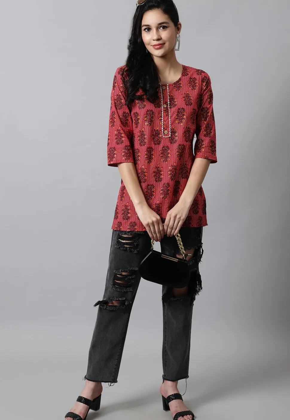 Digital Printed Pure Cotton Short Kurti in Red