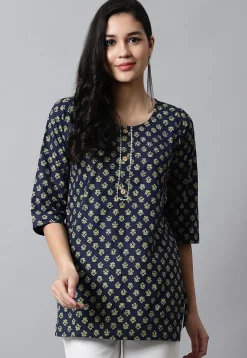 Digital Printed Pure Cotton Short Kurti in Navy Blue