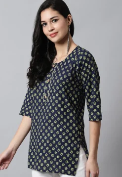Digital Printed Pure Cotton Short Kurti in Navy Blue