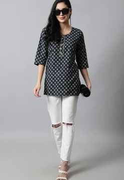 Digital Printed Pure Cotton Short Kurti in Navy Blue
