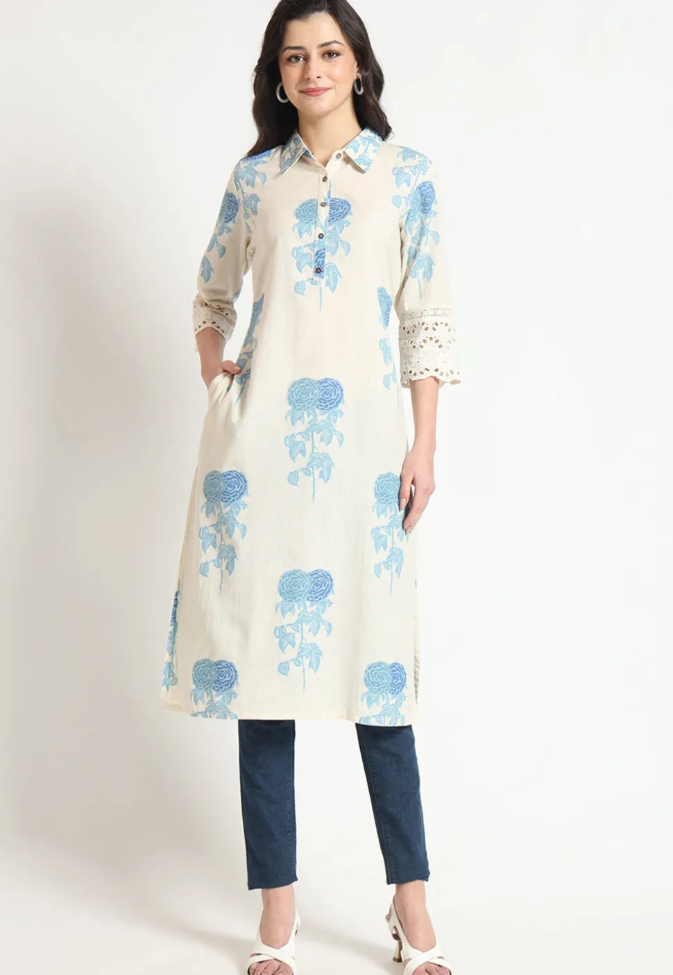 Digital Printed Pure Cotton Straight Kurta in Light Beige