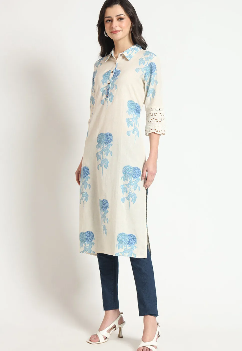 Digital Printed Pure Cotton Straight Kurta in Light Beige