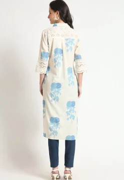 Digital Printed Pure Cotton Straight Kurta in Light Beige