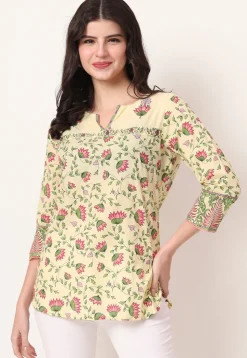 Digital Printed Pure Cotton Kurti in Light Yellow