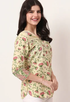 Digital Printed Pure Cotton Kurti in Light Yellow
