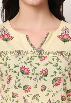 Digital Printed Pure Cotton Kurti in Light Yellow