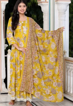 Digital Printed Pure Cotton Abaya Style Suit in Yellow