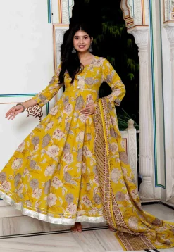 Digital Printed Pure Cotton Abaya Style Suit in Yellow
