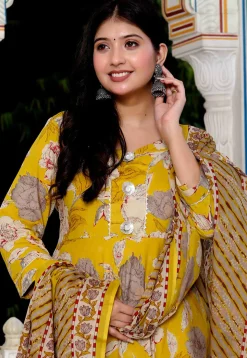 Digital Printed Pure Cotton Abaya Style Suit in Yellow