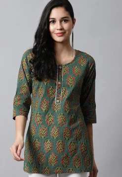 Digital Printed Pure Cotton Short Kurti in Teal Green