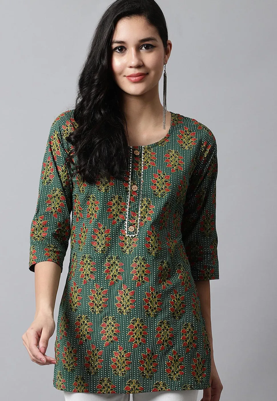 Digital Printed Pure Cotton Short Kurti in Teal Green