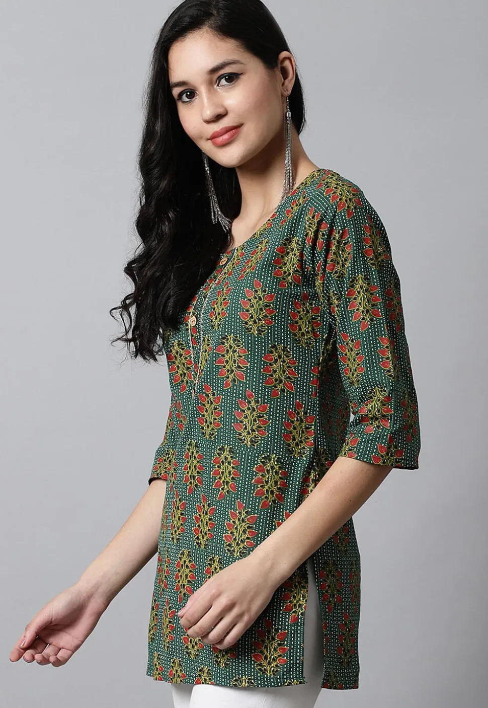 Digital Printed Pure Cotton Short Kurti in Teal Green