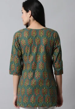 Digital Printed Pure Cotton Short Kurti in Teal Green