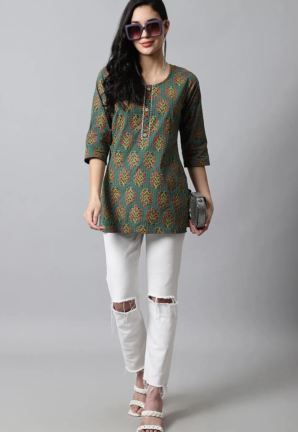 Digital Printed Pure Cotton Short Kurti in Teal Green