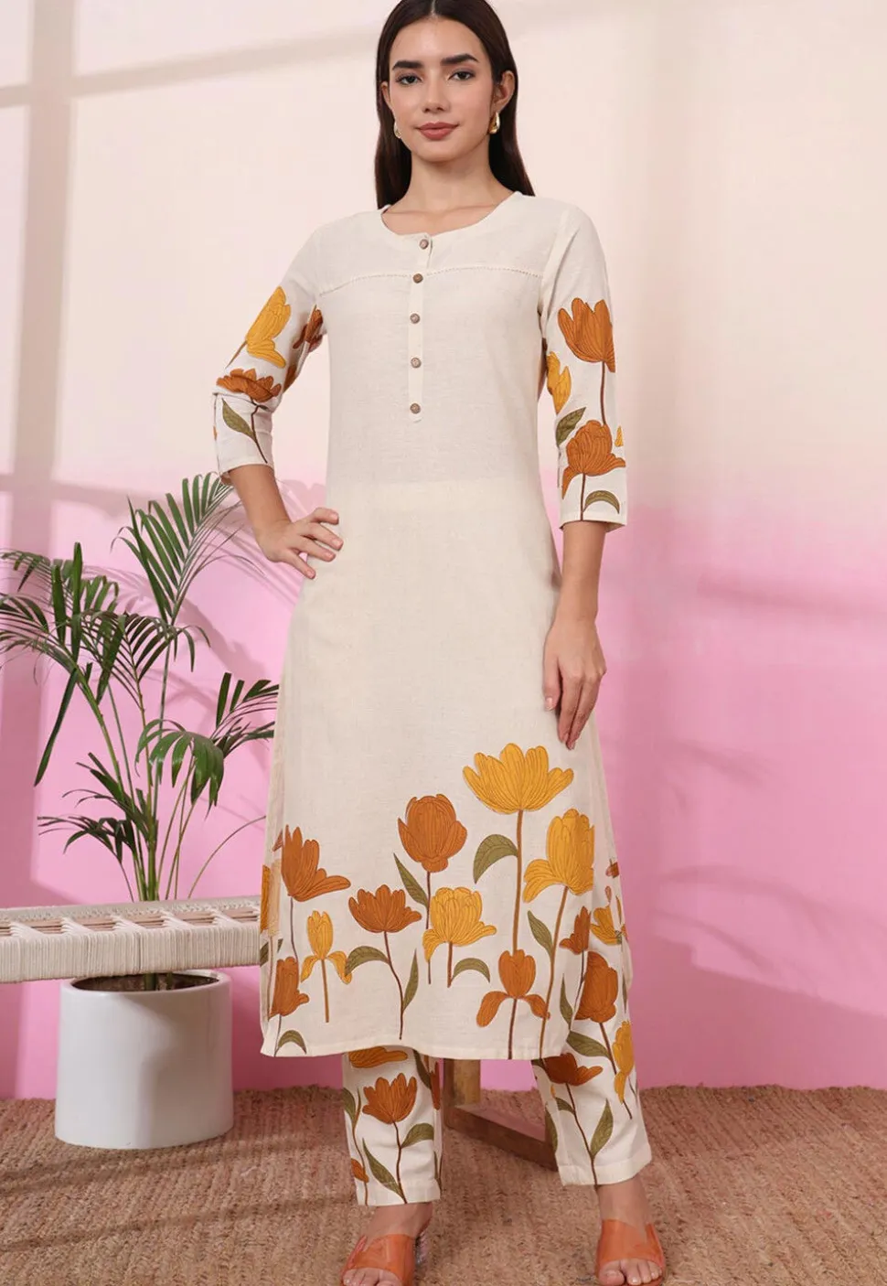 Digital Printed Pure Cotton Co Ord Set in Cream
