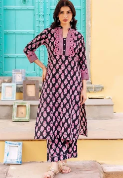 Digital Printed Pure Cotton Straight Kurta Set in Black