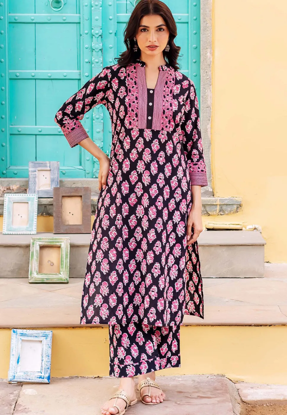 Digital Printed Pure Cotton Straight Kurta Set in Black