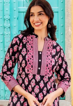 Digital Printed Pure Cotton Straight Kurta Set in Black