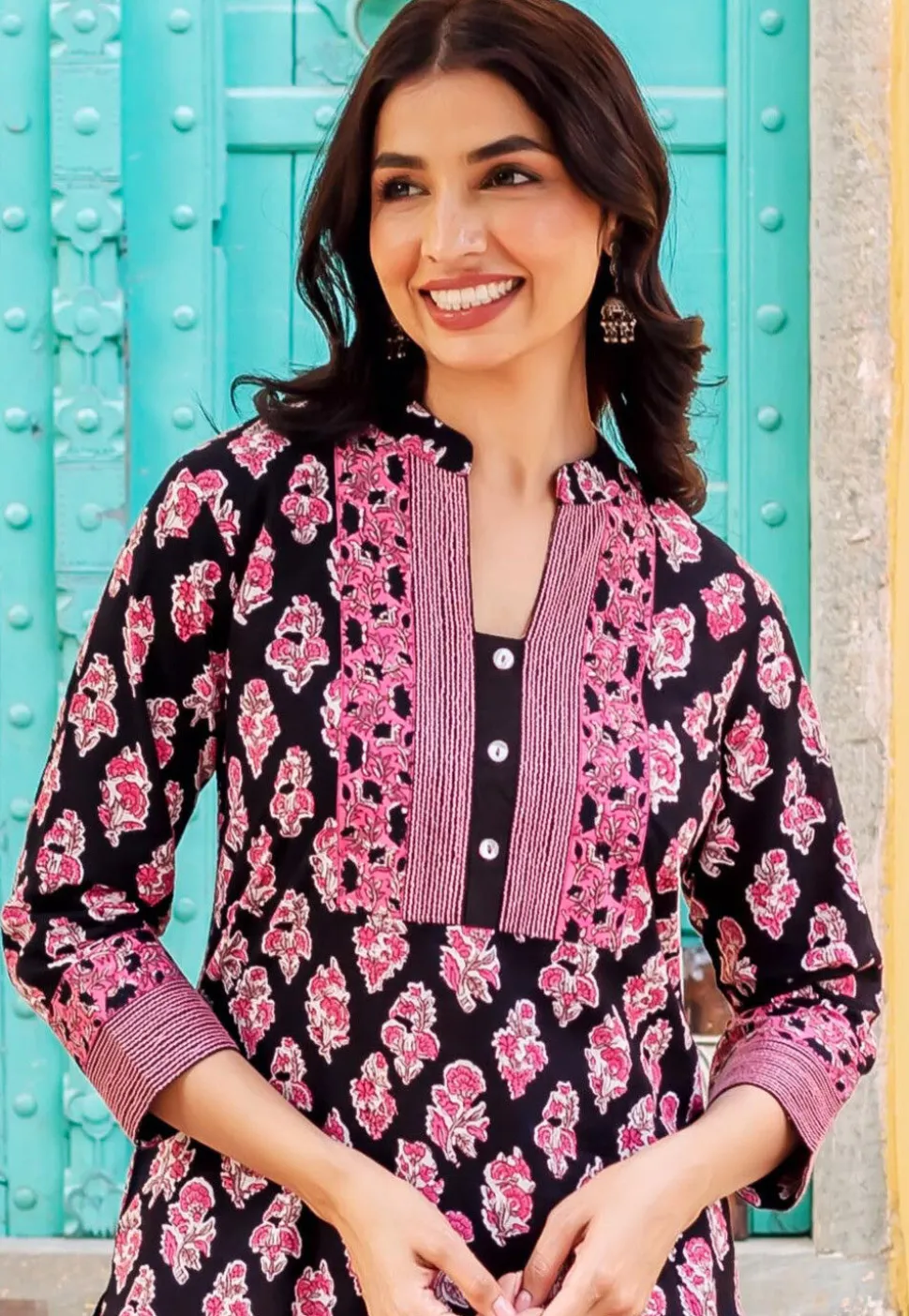 Digital Printed Pure Cotton Straight Kurta Set in Black