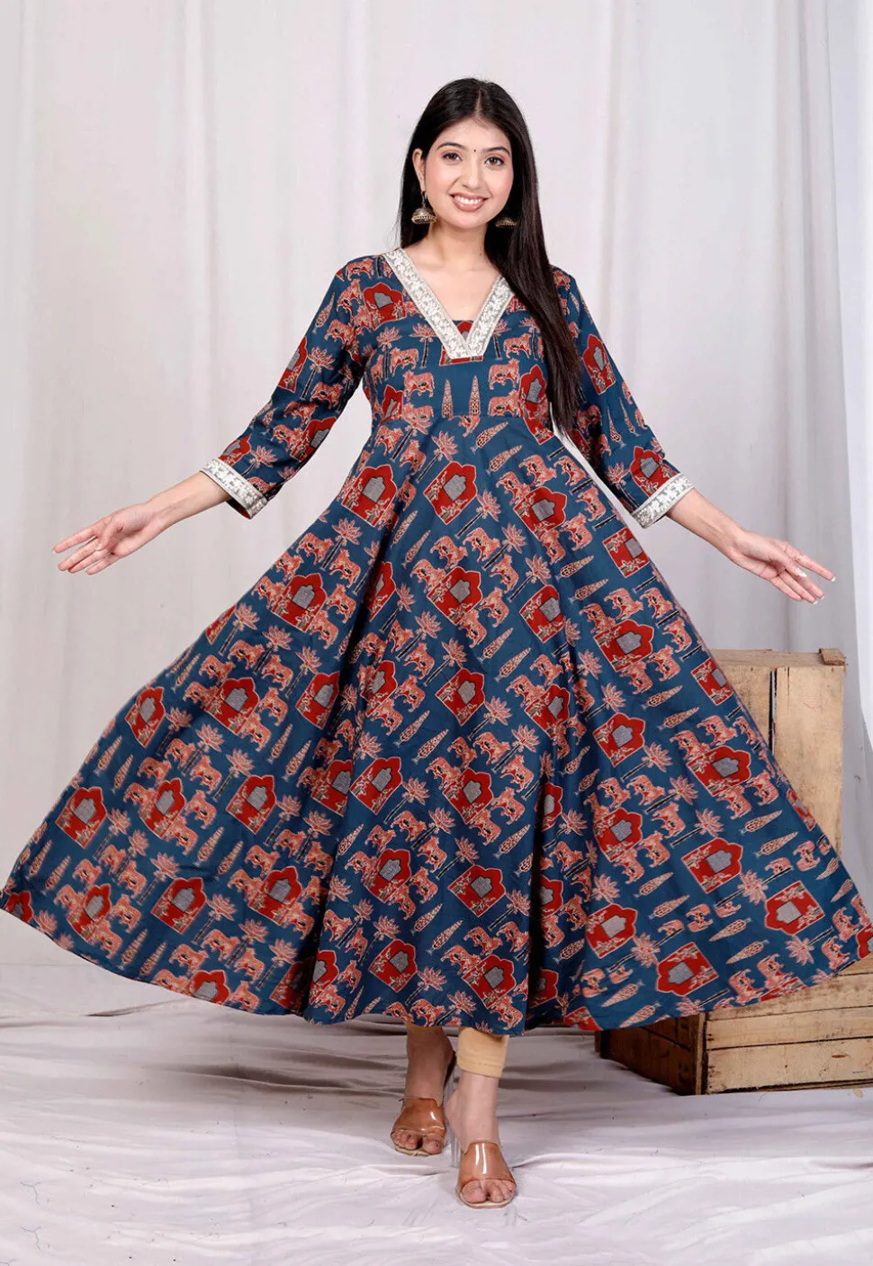 Digital Printed Pure Cotton A Line Kurta in Teal Blue