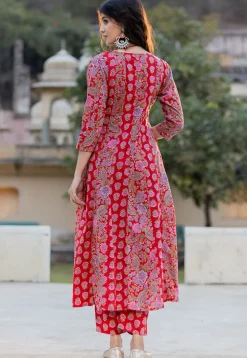 Digital Printed Pure Cotton Anarkali Suit in Red