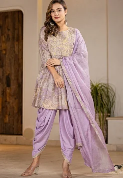 Digital Printed Pure Cotton Punjabi Suit in Light Purple