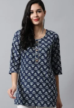 Digital Printed Pure Cotton Short Kurti in Navy Blue