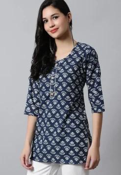 Digital Printed Pure Cotton Short Kurti in Navy Blue