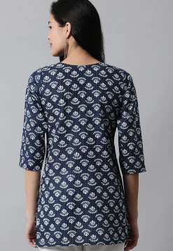 Digital Printed Pure Cotton Short Kurti in Navy Blue